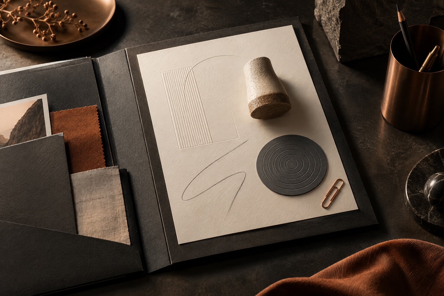 Offenes Briefing-Portfolio mit Produktmuster, Ziel und Materialreferenzen