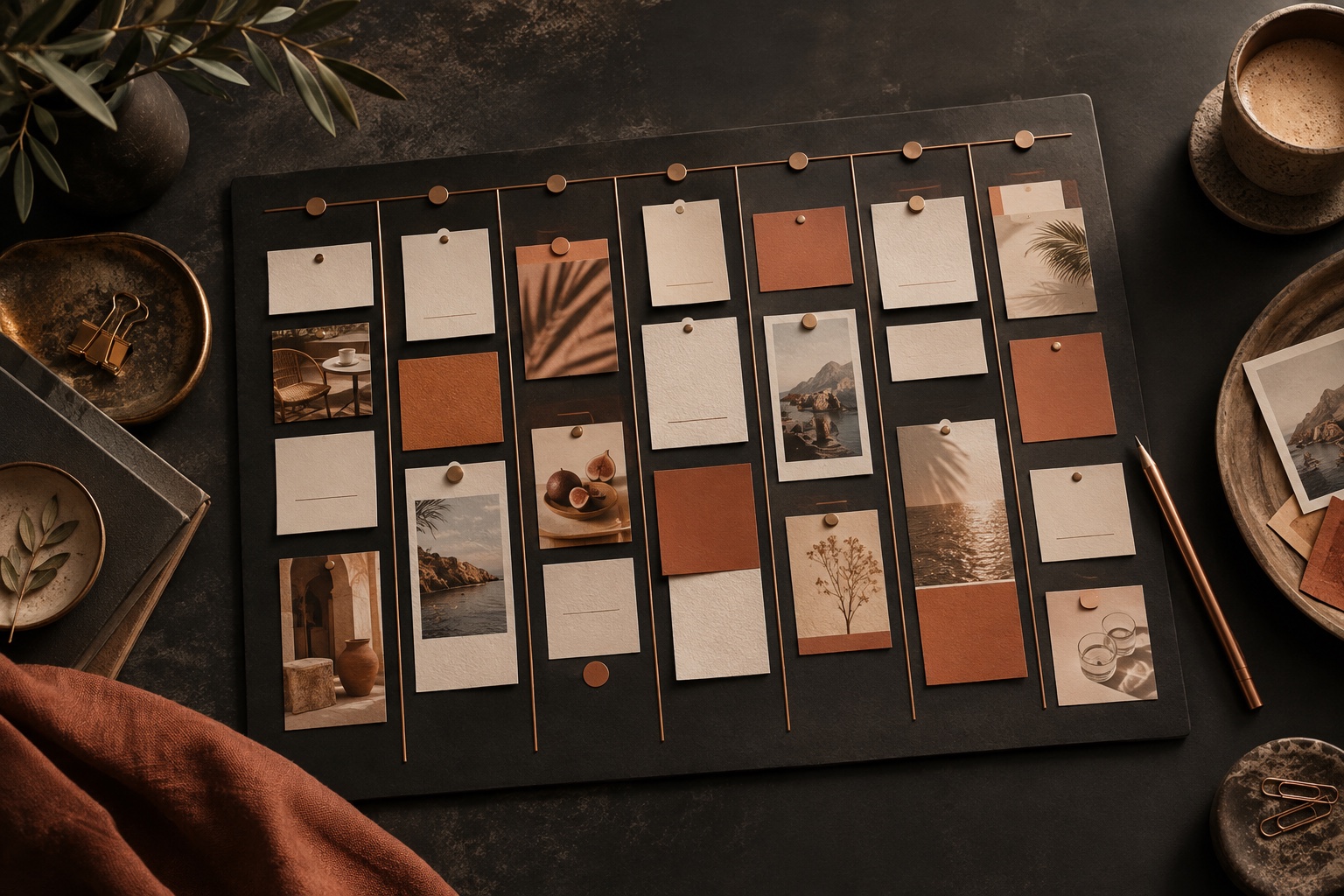 Redaktionelles Planungsboard mit Karten und Bildideen in Kupfer- und Naturtönen