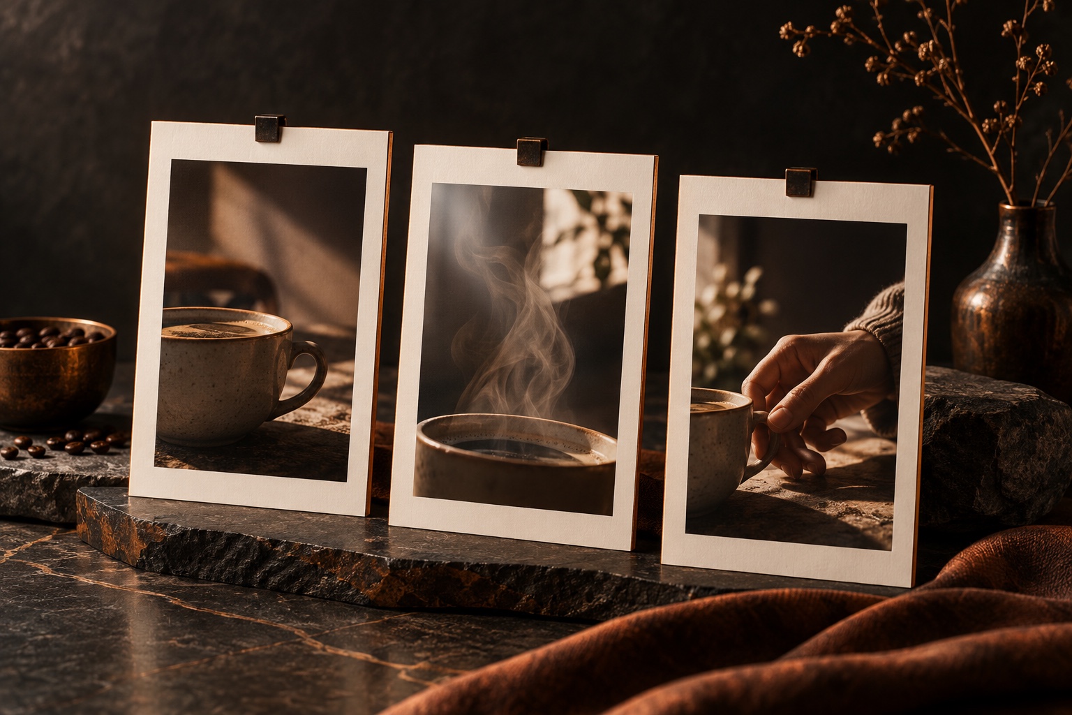 Drei zusammenhängende Bildkarten eines Kaffeerituals als Karussell-Storyboard