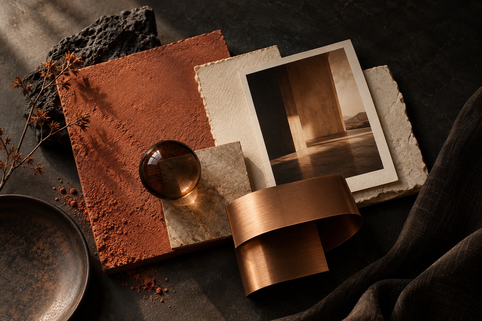Aufeinander abgestimmte Farben, Materialien und Bildreferenzen einer Marke